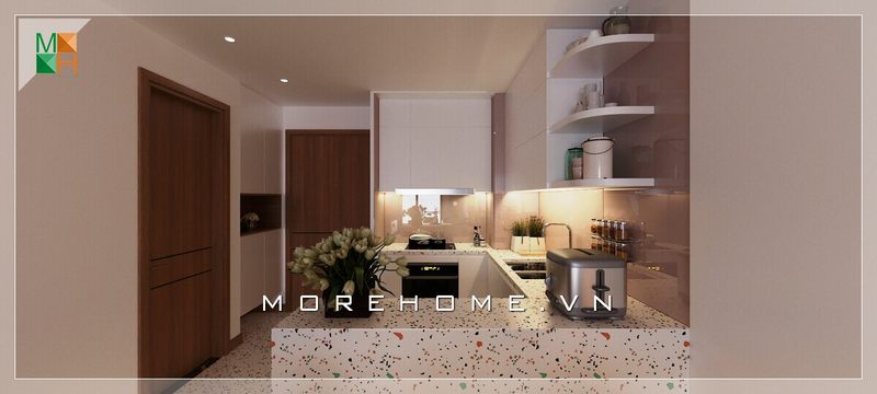 Thiết kế bếp chung cư theo phong cách hiện đại khá gọn gàng và ngăn nắp
